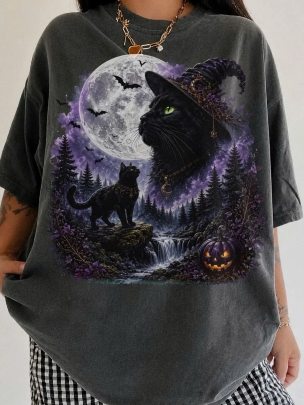 Comfort Colors Pepper Graphic Tee with Purple & Green Halloween Cat Design